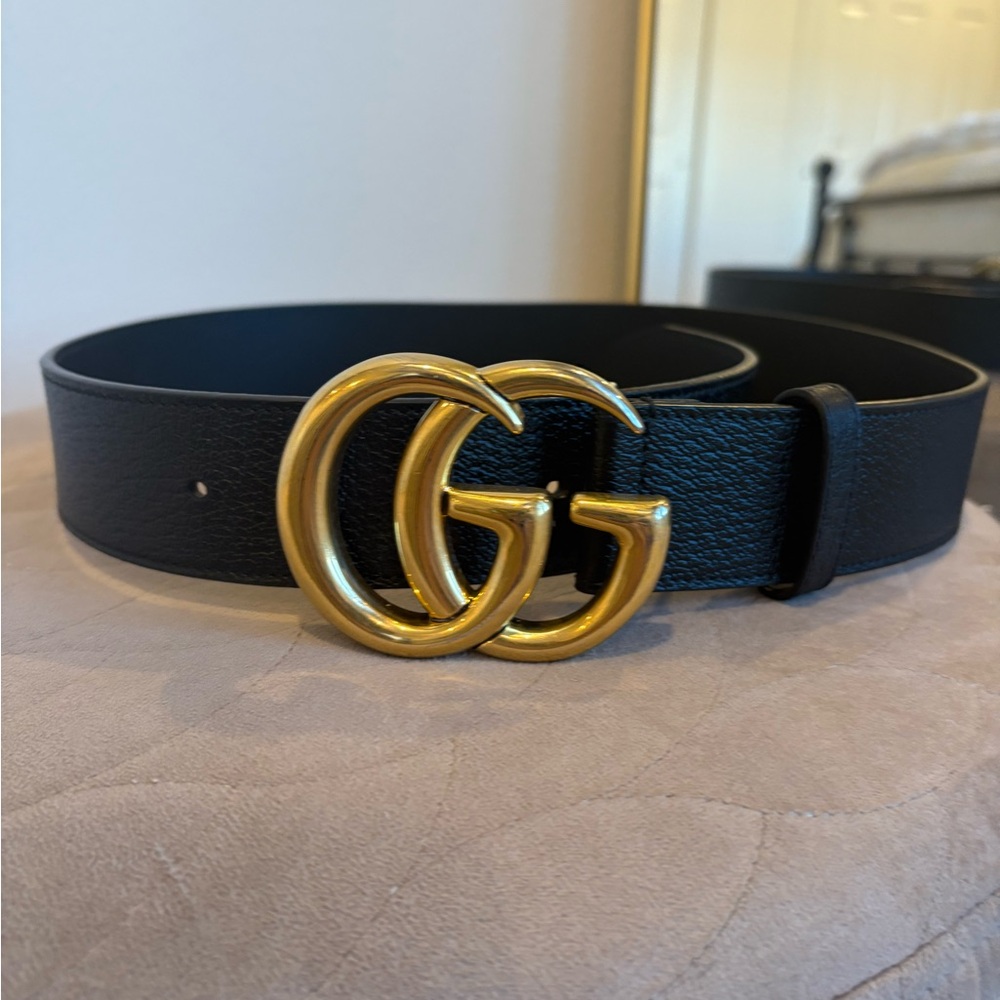 Authentic Gucci Wide Black Leather Belt with Gold Buckle